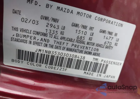 2003 Mazda Mx-5 Miata Cloth/Ls/Se/Shinsen из США, поврежденный, VIN JM1NB353030308438